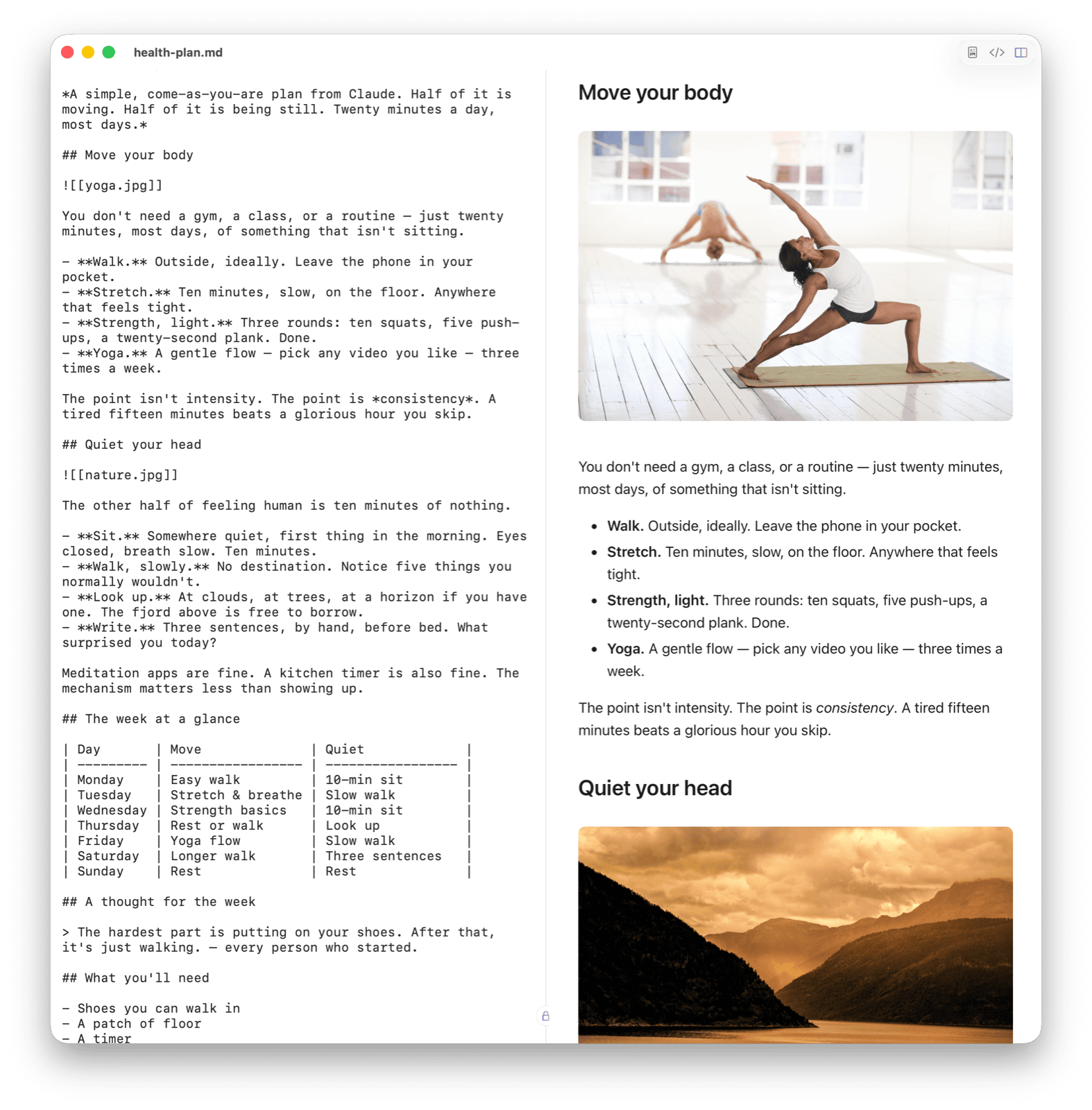 Split-pane MarkeMark view: markdown source with Obsidian-style image embeds rendered as inline photos on the right